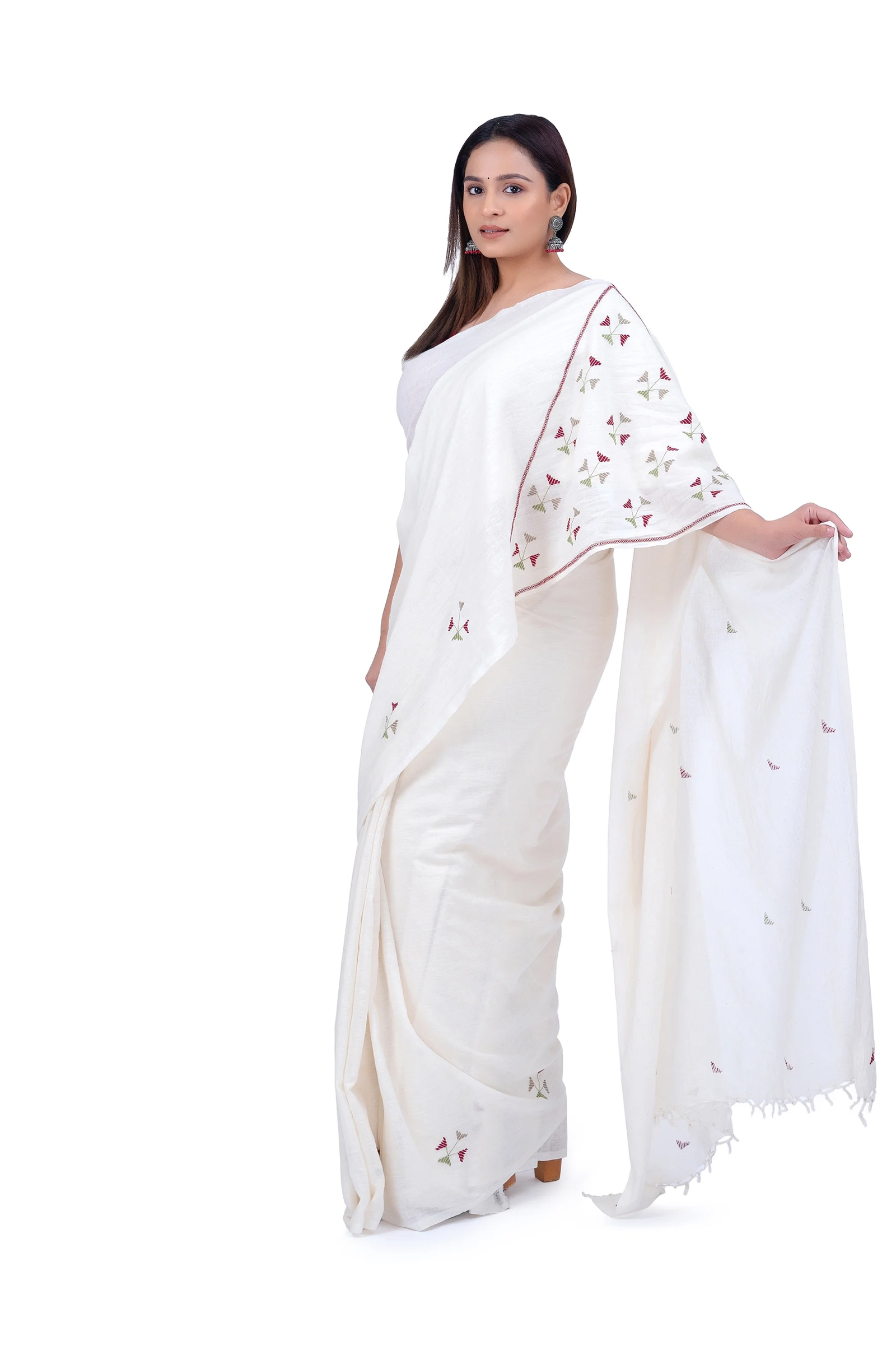 Hand Embroidered White Saree