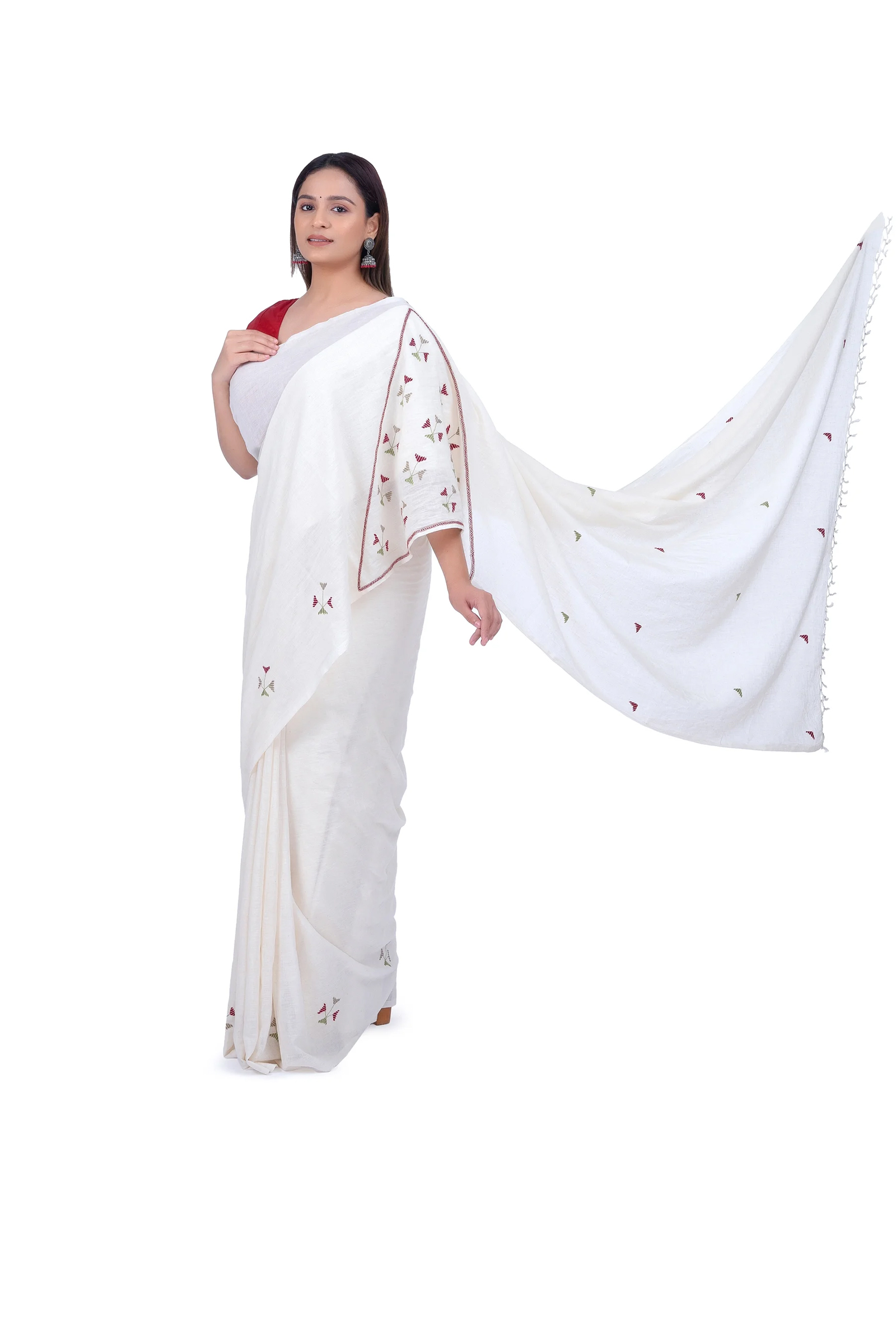 Hand Embroidered White Saree