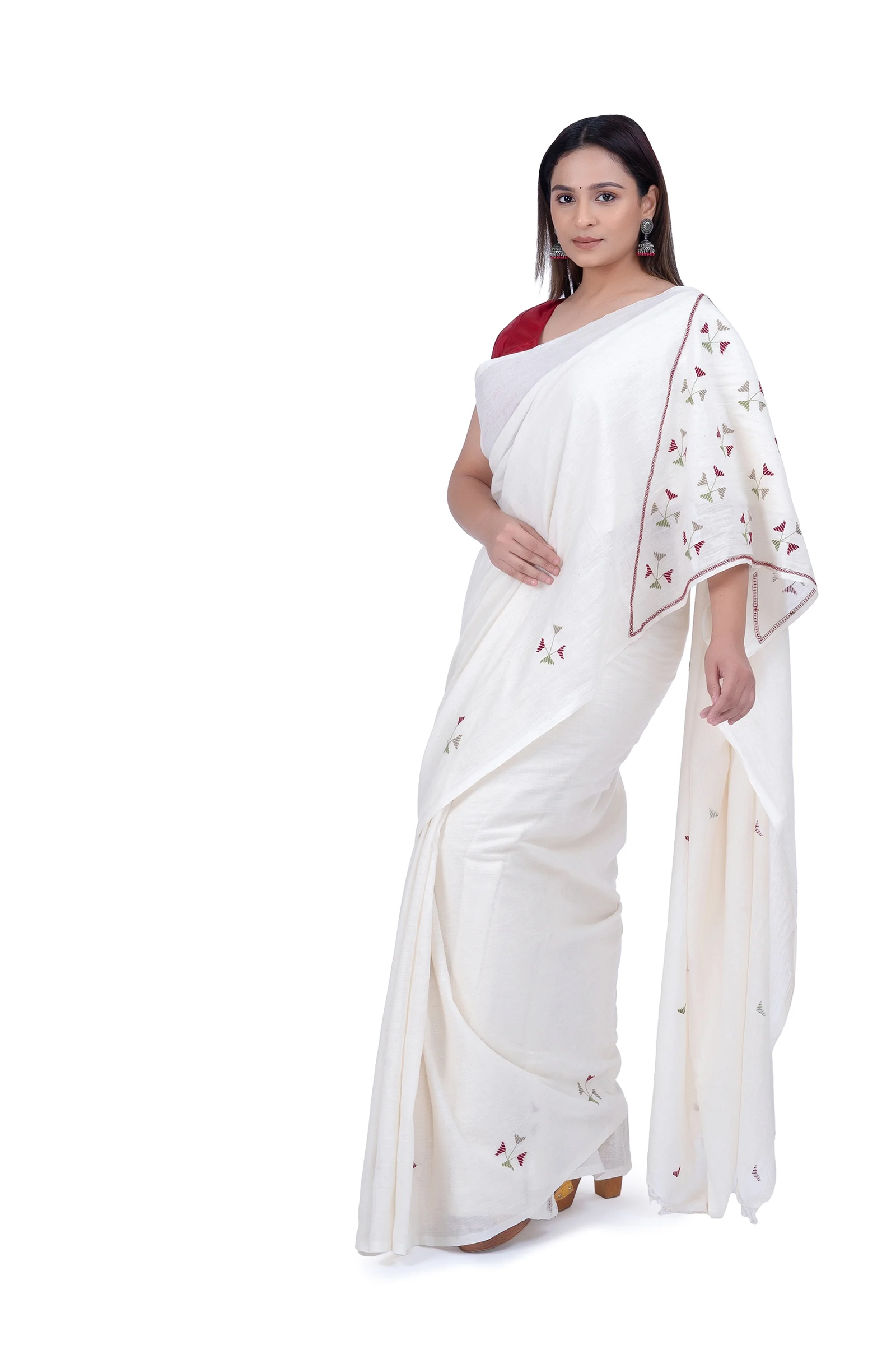 Hand Embroidered White Saree